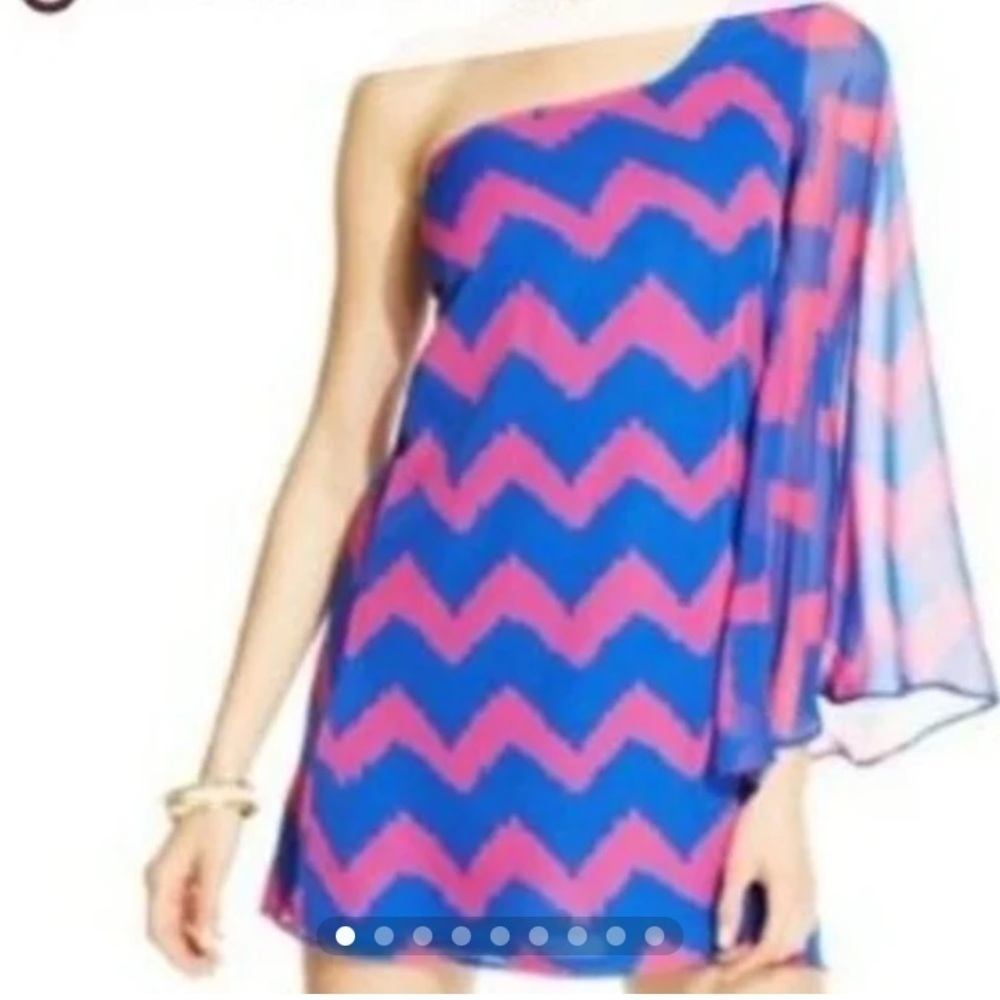 As U Wish Barbiecore One Shoulder Pink and Blue Chevron Zig Zag Dress